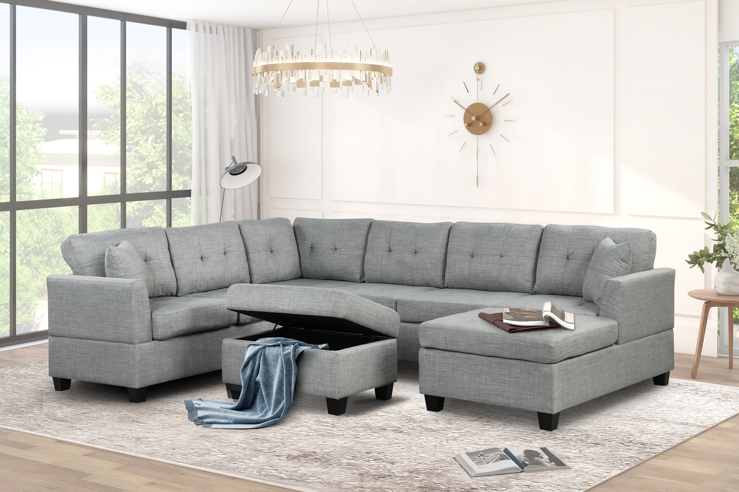 Oversized Sectional Sofa With Storage Ottoman, U-Shaped Sectional Couch With 2 Throw Pillows For Large Space Dorm Apartment