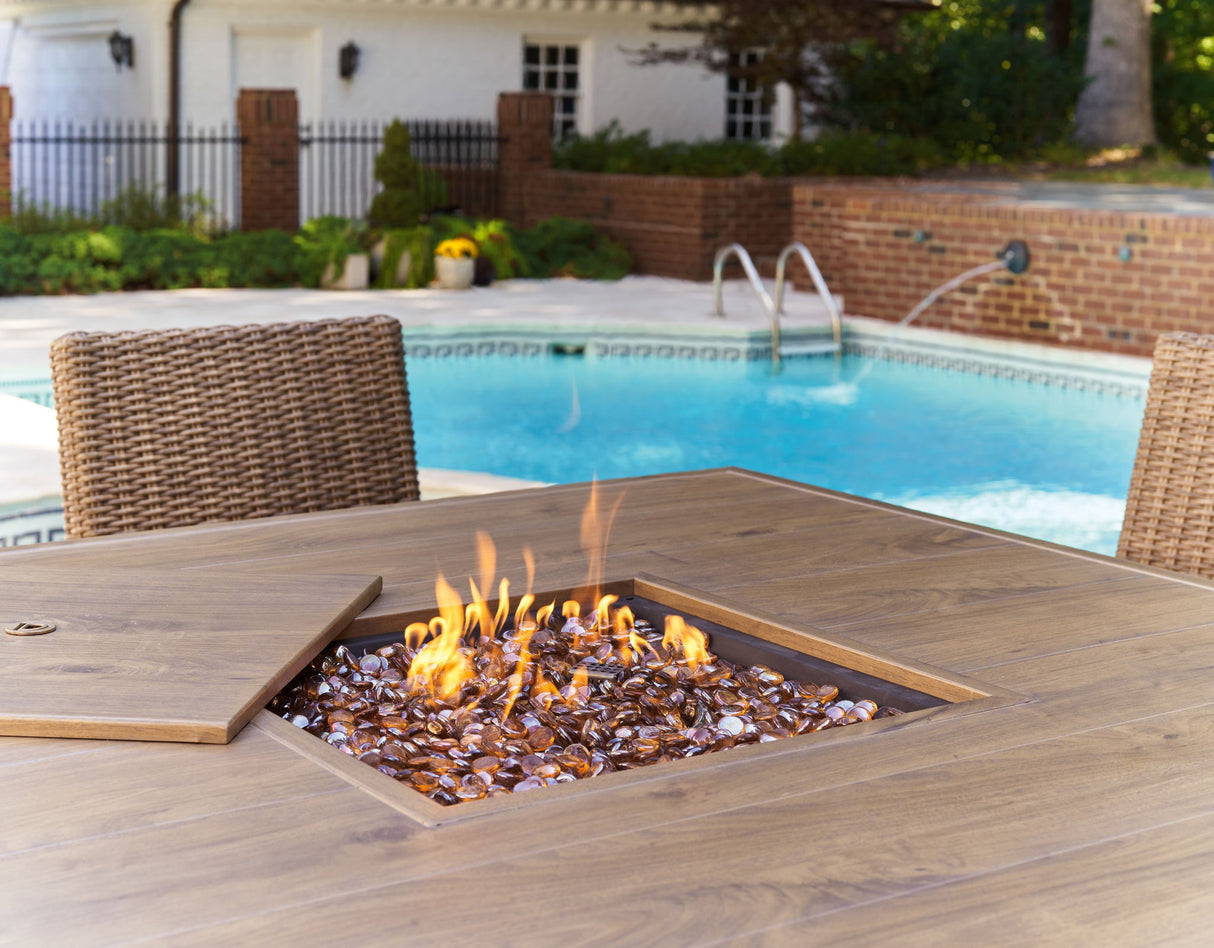 Walton Bridge - Driftwood - 5 Pc. - Square Dining Table W/Fire Pit, 4 Barstools
