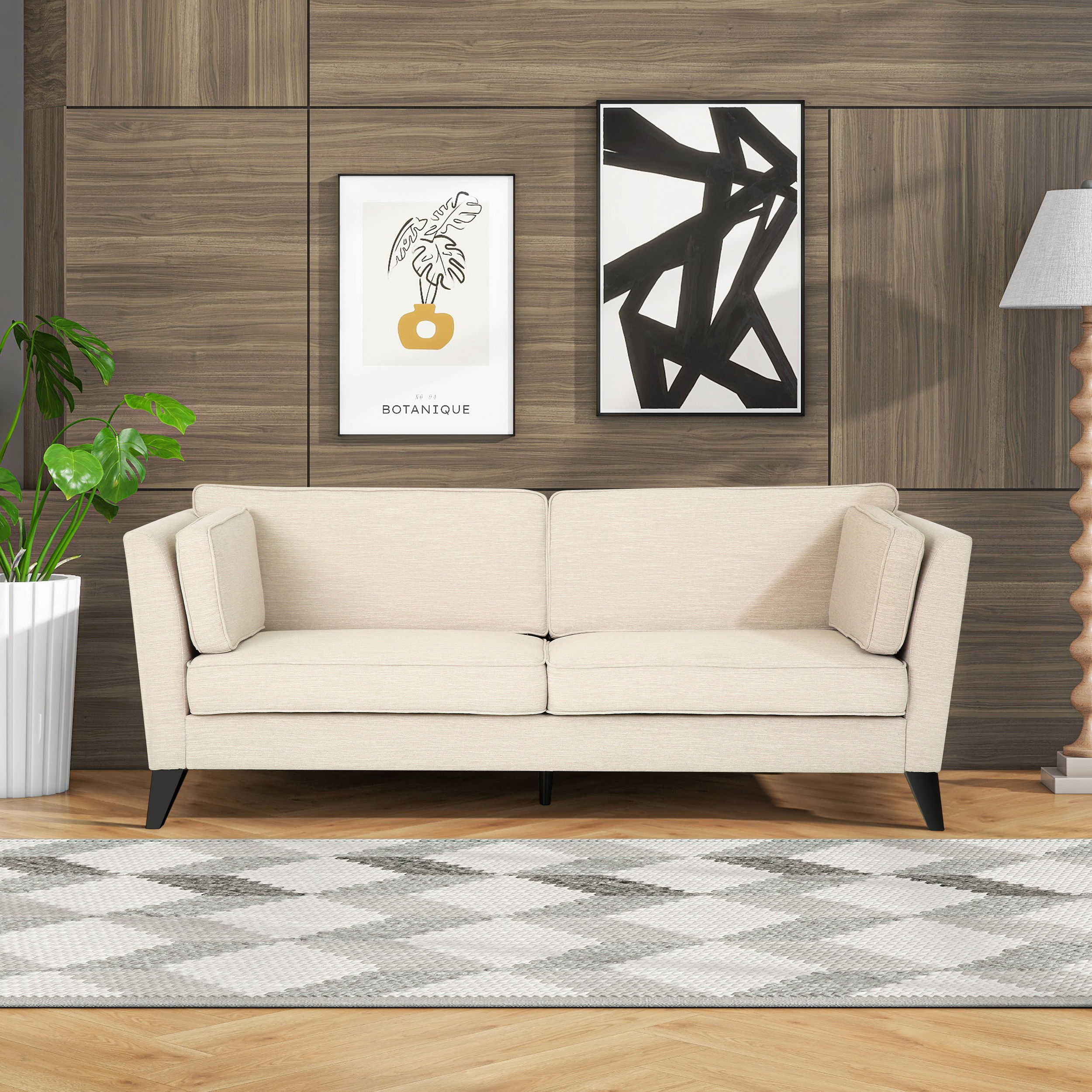 3 Seater Fabric Sofa, With Birch Legs, Study And Living Room - Beige