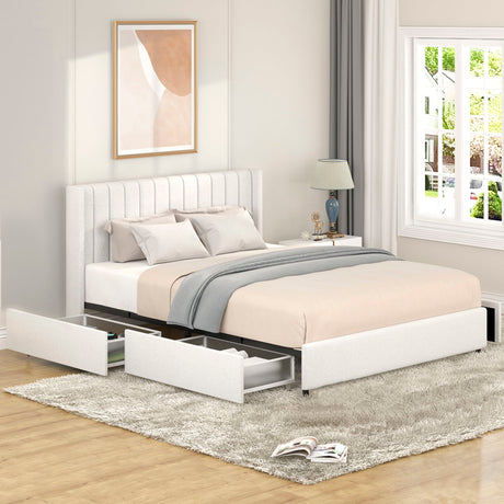 Anda - Boucle Upholstered Platform Bed With Patented Drawers Storage - Ivory - view 5