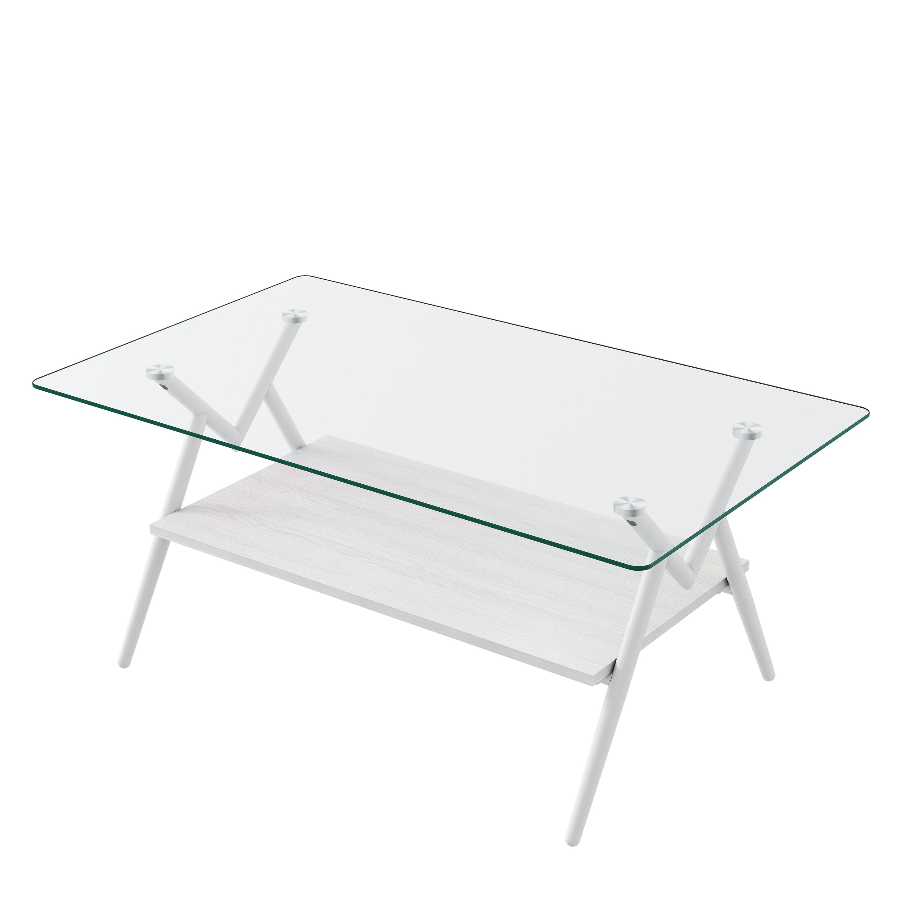 Rectangle Coffee Table With Tempered Glass Top And Shelf, Modern Table For Living Room