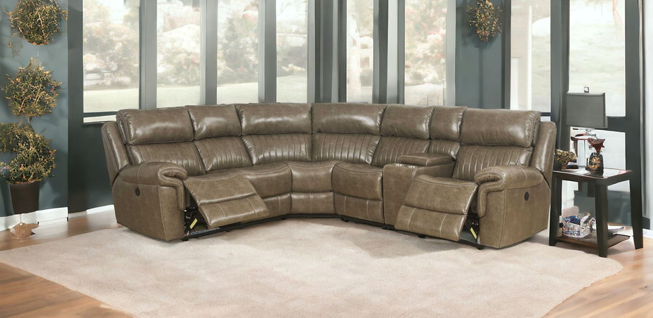 Leather Power Reclining L Shaped Six Piece Corner Sectional With Console - Taupe