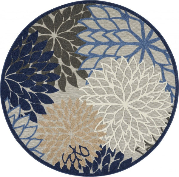 8' Round Round Floral Indoor / Outdoor Area Rug - Blue / Gray