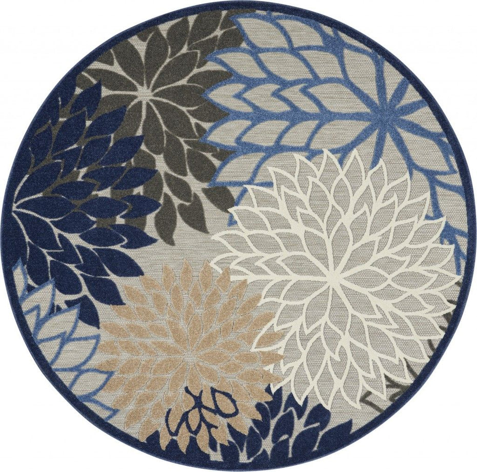 8' Round Round Floral Indoor / Outdoor Area Rug - Blue / Gray