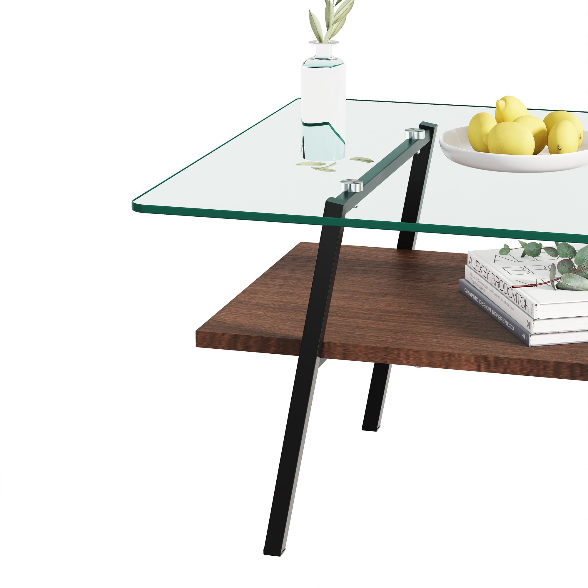 Rectangle Coffee Table, Tempered Glass Tabletop With Metal Legs, Modern Table For Living Room