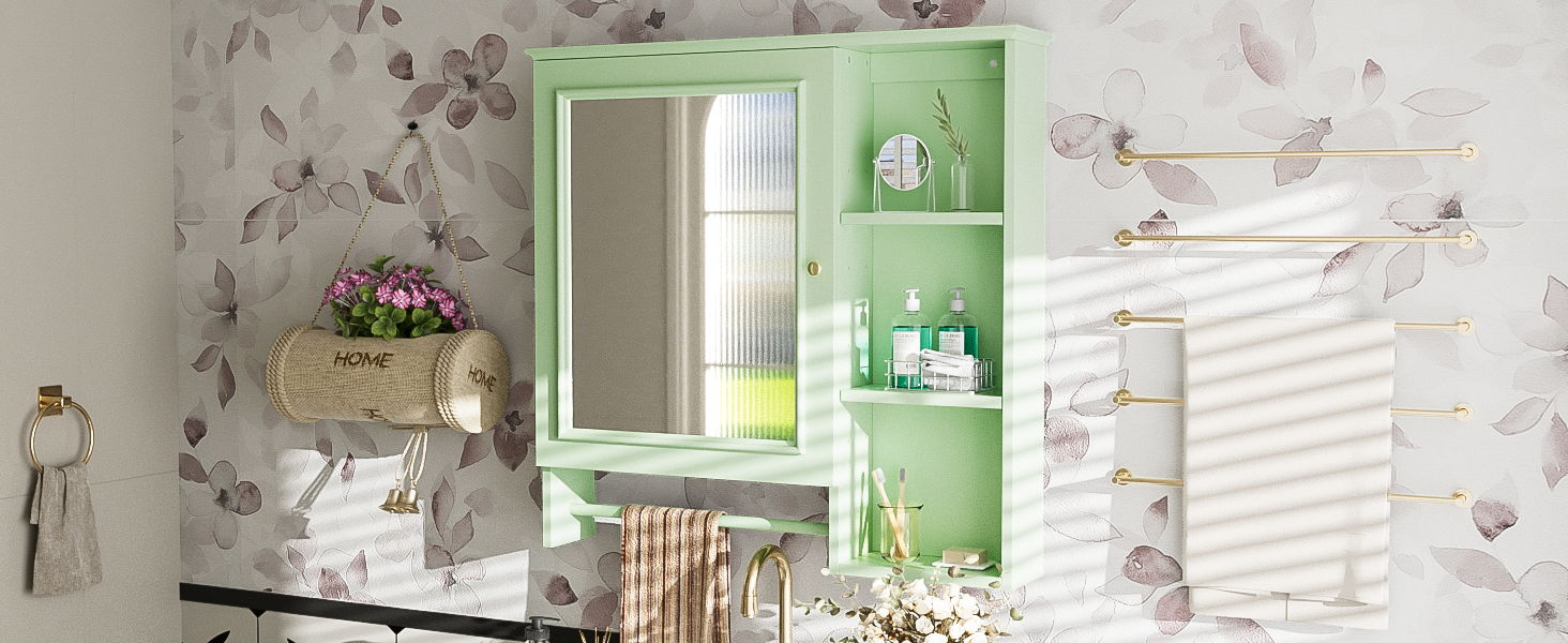 Wall Mounted Bathroom Storage Cabinet, Medicine Cabinets With Large Mirror Door, Adjustable Shelves And Three Open Storage Levels(Not Include Bathroom Vanity)