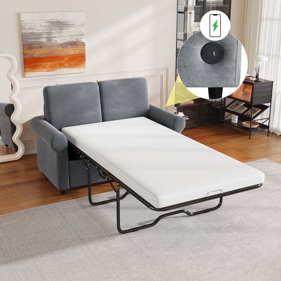 Pull Out Sofa Bed, Sleeper Sofa Bed With Premium Twin Size Mattress Pad, 2 In 1 Pull Out Couch Bed With Two USB Ports For Living Room, Small Apartment