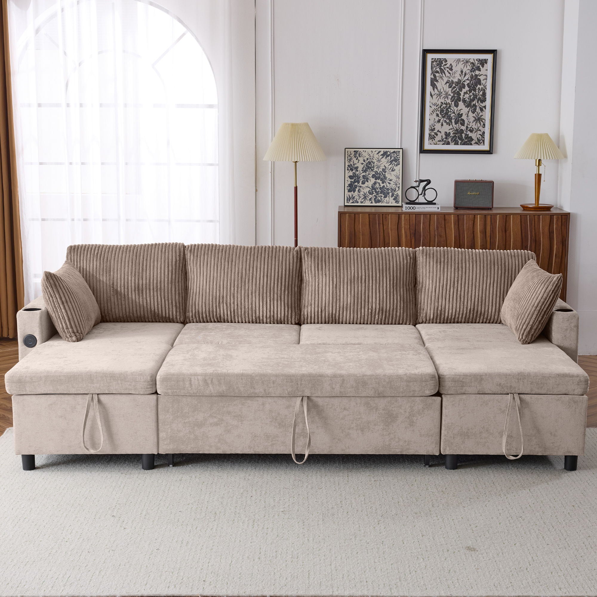 Sectional Sofa Pull Out Sofa Bed Versatile Sofa Sleeper With Large Storage Space, Two USB Ports And Two Cup Holders For Living Room