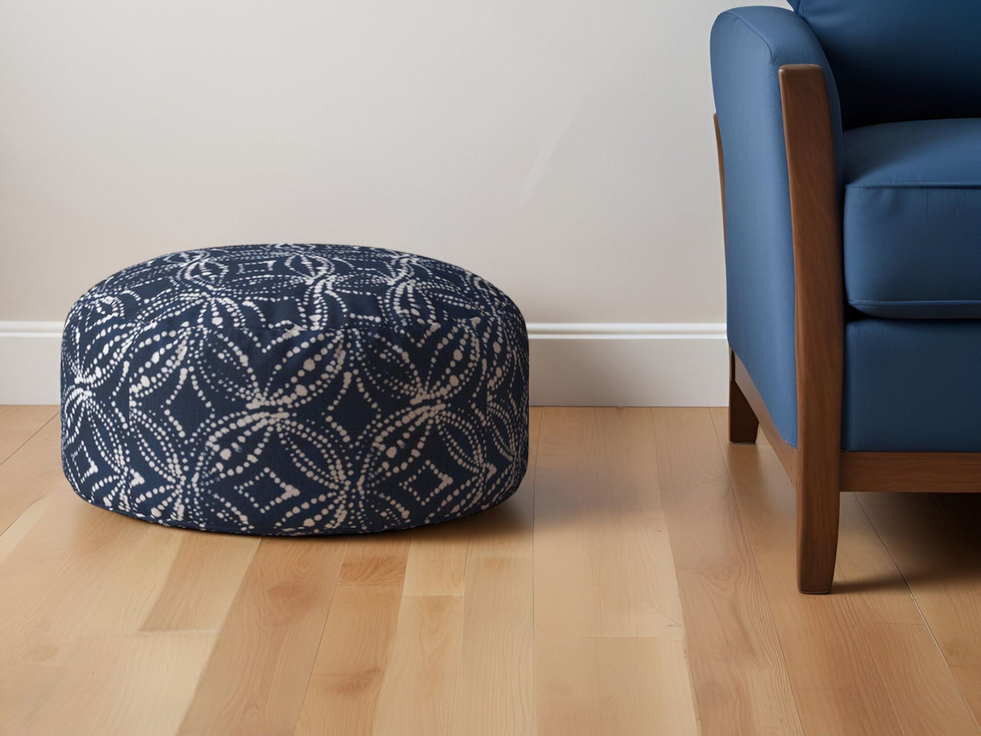 Twill Round Anchor Pouf Ottoman - Blue / Gray