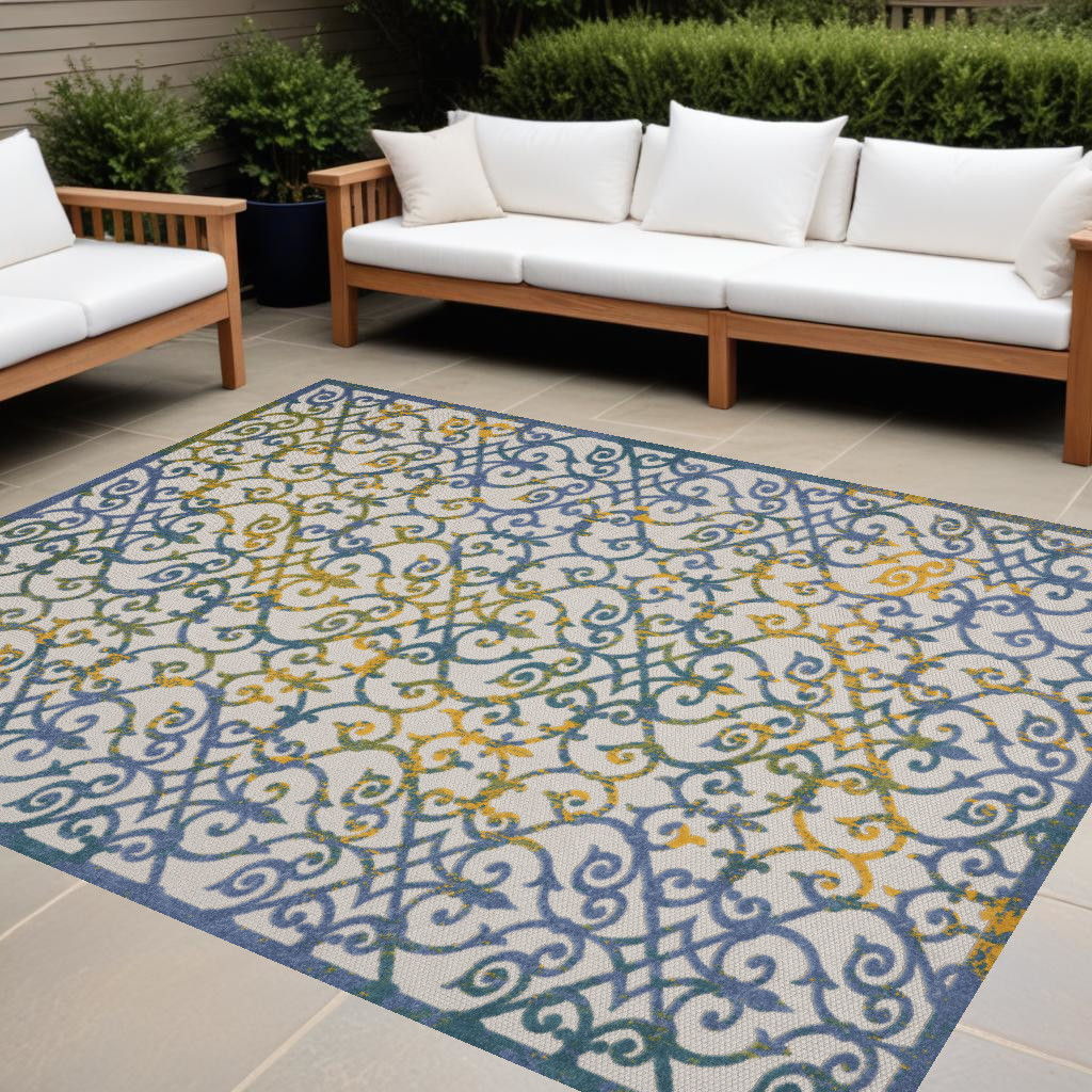 12' X 15' Damask Non Skid Indoor / Outdoor Area Rug - Ivory / Blue