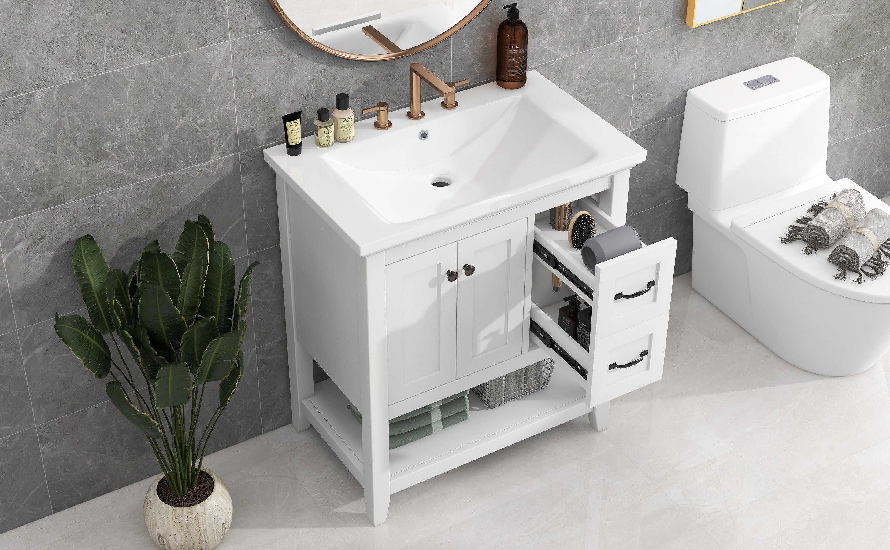 Bathroom Vanity With Ceramic Sink Top, Vanity Cabinet With Multi-Functional Drawer, Solid Wood Legs - White