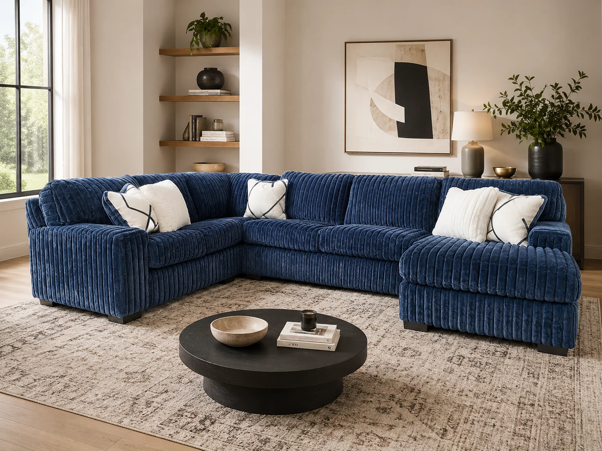 Navy Blue 14-Piece 3-Room Furniture Package with Sectional, Queen Bed & 7-Piece Dining Set