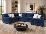 Navy Blue 14-Piece 3-Room Furniture Package with Sectional, Queen Bed & 7-Piece Dining Set
