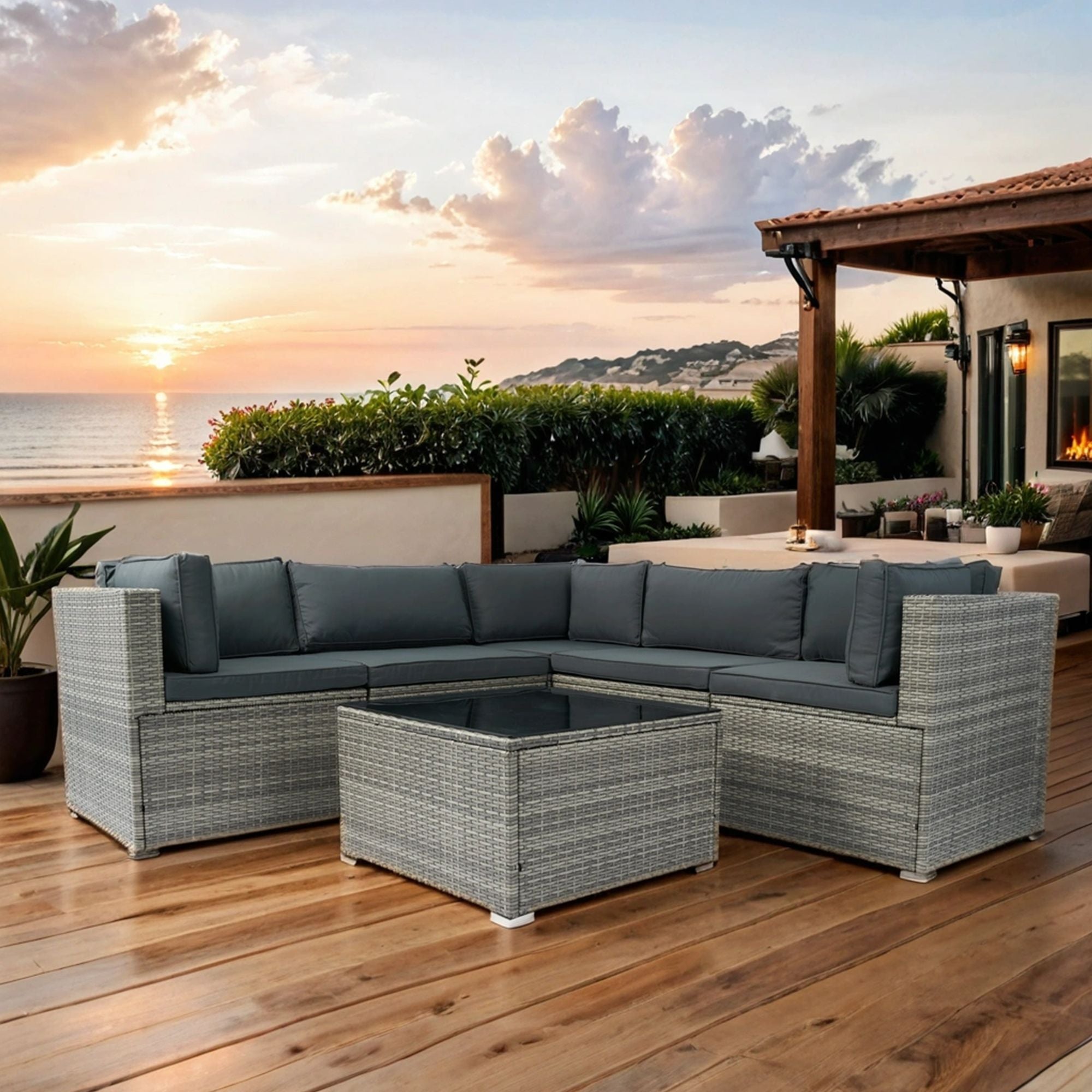 6 Pieces PE Rattan Sectional Outdoor Furniture Cushioned Sofa Set Wicker