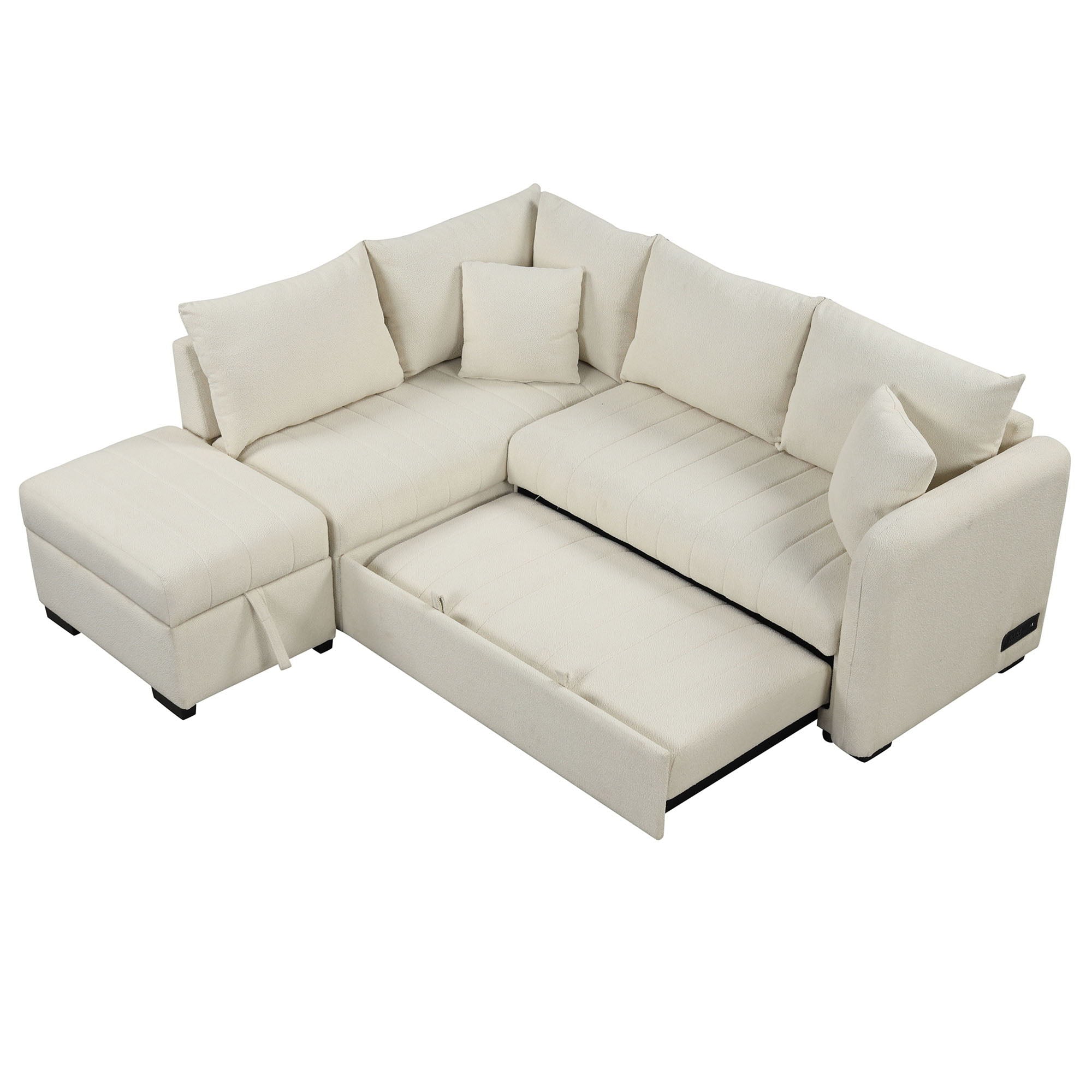 L-Shaped Sectional Pull Out Sofa Bed Sleeper Sofa With Two USB Ports, Two Power Sockets And A Movable Storage Ottoman