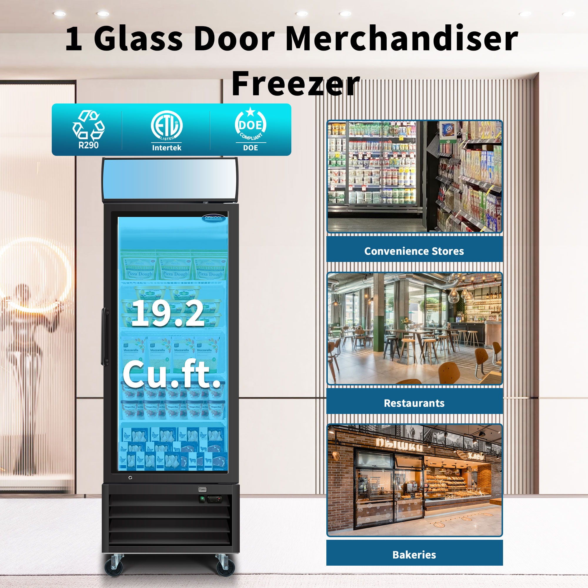 Glass Door Merchandiser Freezer Swing Door Commercial Reach-In Display Freezers With LED Top Panel Upright Freeze Storage