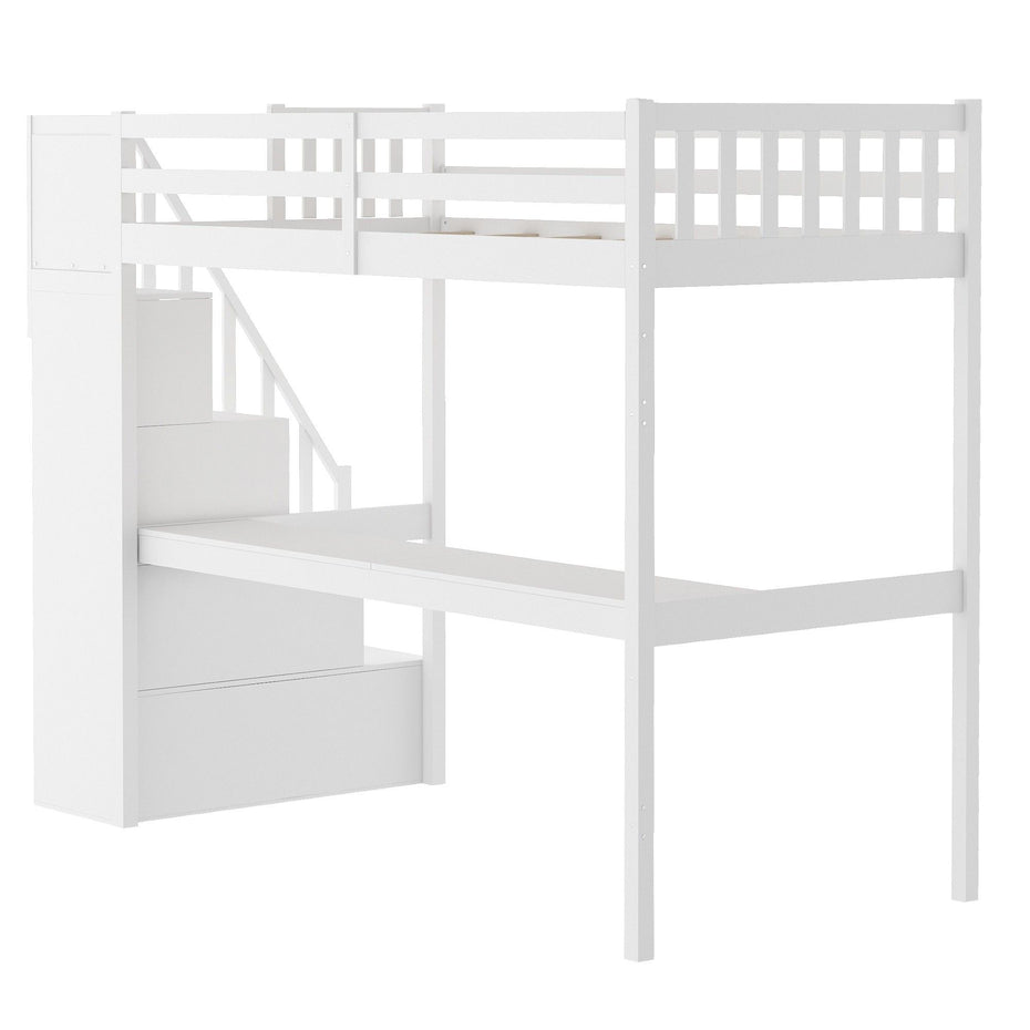 Twin Size Loft Bed with Built In Desk and Stairway - White