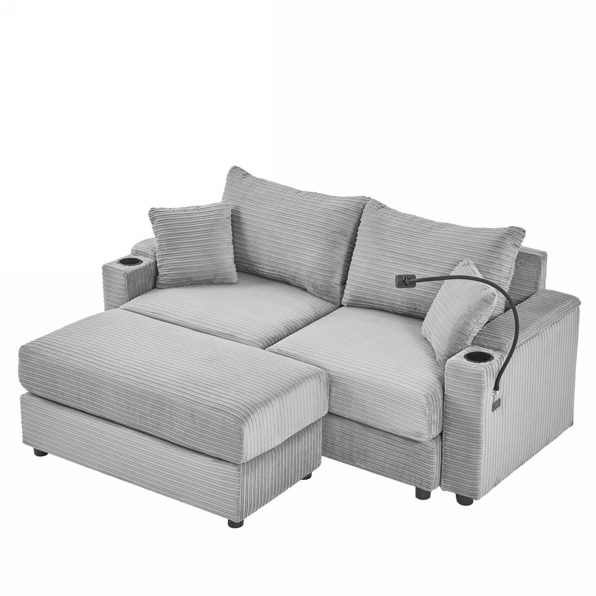 Modern Style Loveseat Sofa Sectional Sofa Couch With Storage Space, A Movable Ottoman, Two USB Ports, Two Cup Holders, A Phone Holder For Living Room