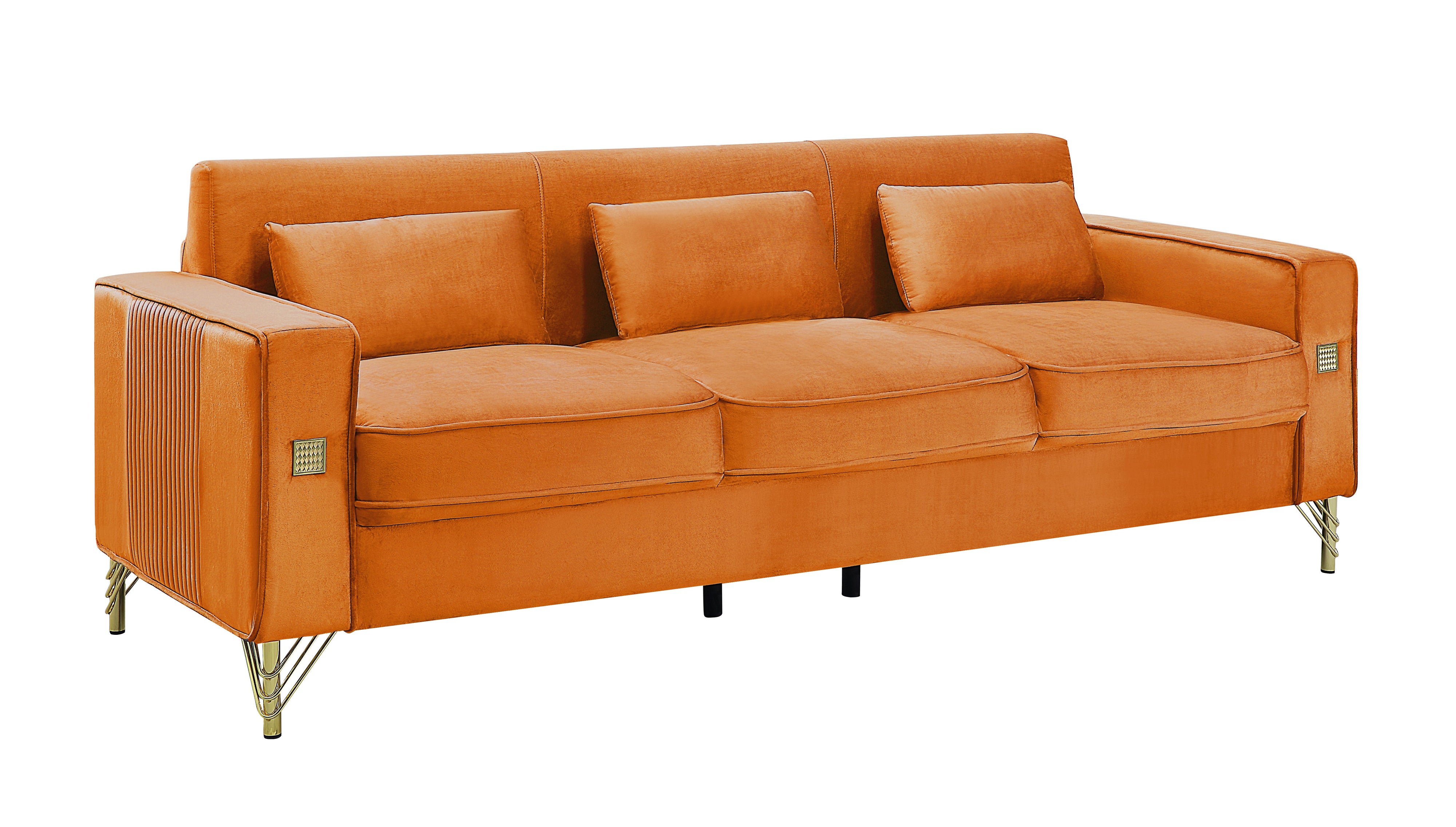 Velvet Sofa With Pillows And Gold Finish Metal Leg For Living Room