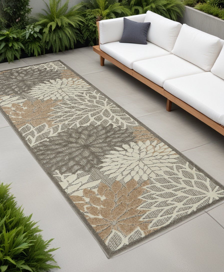 2' X 8' Floral Indoor & Outdoor Area Rug - Gray / Ivory