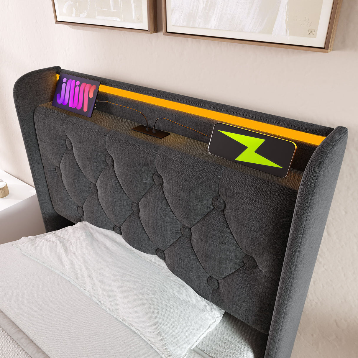Upholstered Bed, 360 Surround LED Function, Remote Control, Hydraulic Storage Bed With USB, Type-C Charging (Without Mattress)