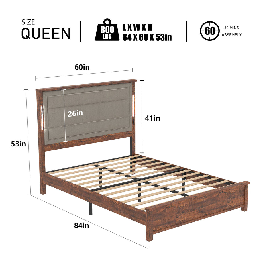 Queen Size Bed Frame With Upholstered Headboard, Queen Bed Frame With Charging Station And LED Lights, Wood Slats, No Box Spring Needed - Gray / Dark Brown