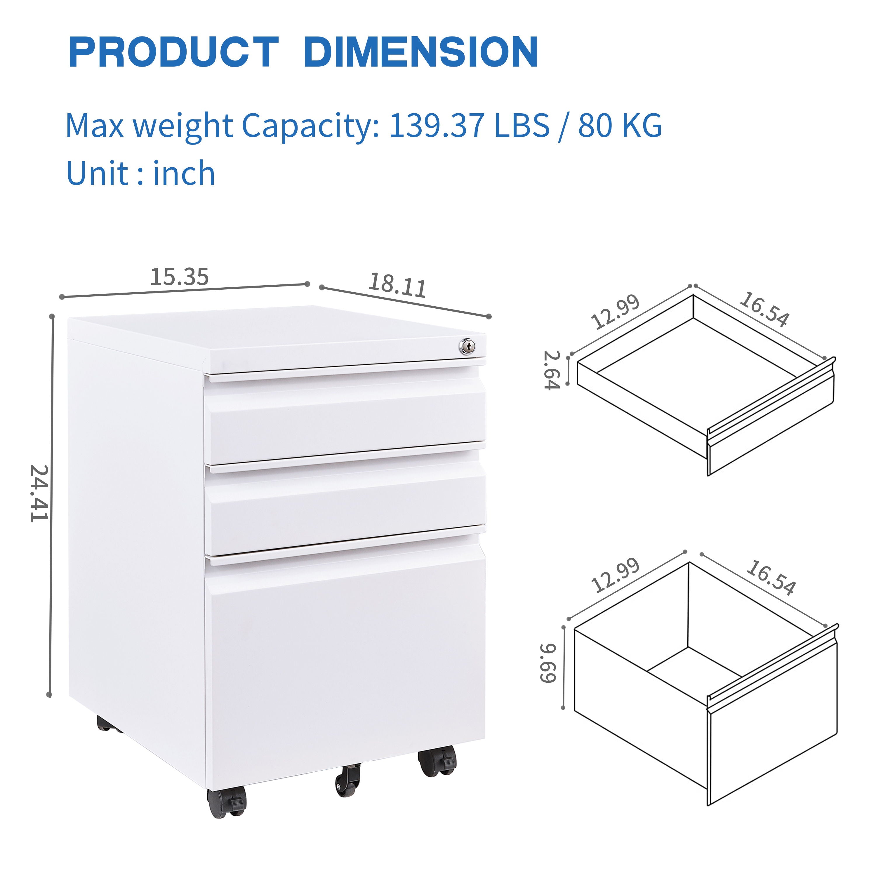 3 Drawer File Cabinet With Lock, Steel Mobile Filing Cabinet On Anti - Tilt Wheels, Rolling Locking Office Cabinets Under Desk For Legal / Letter Size