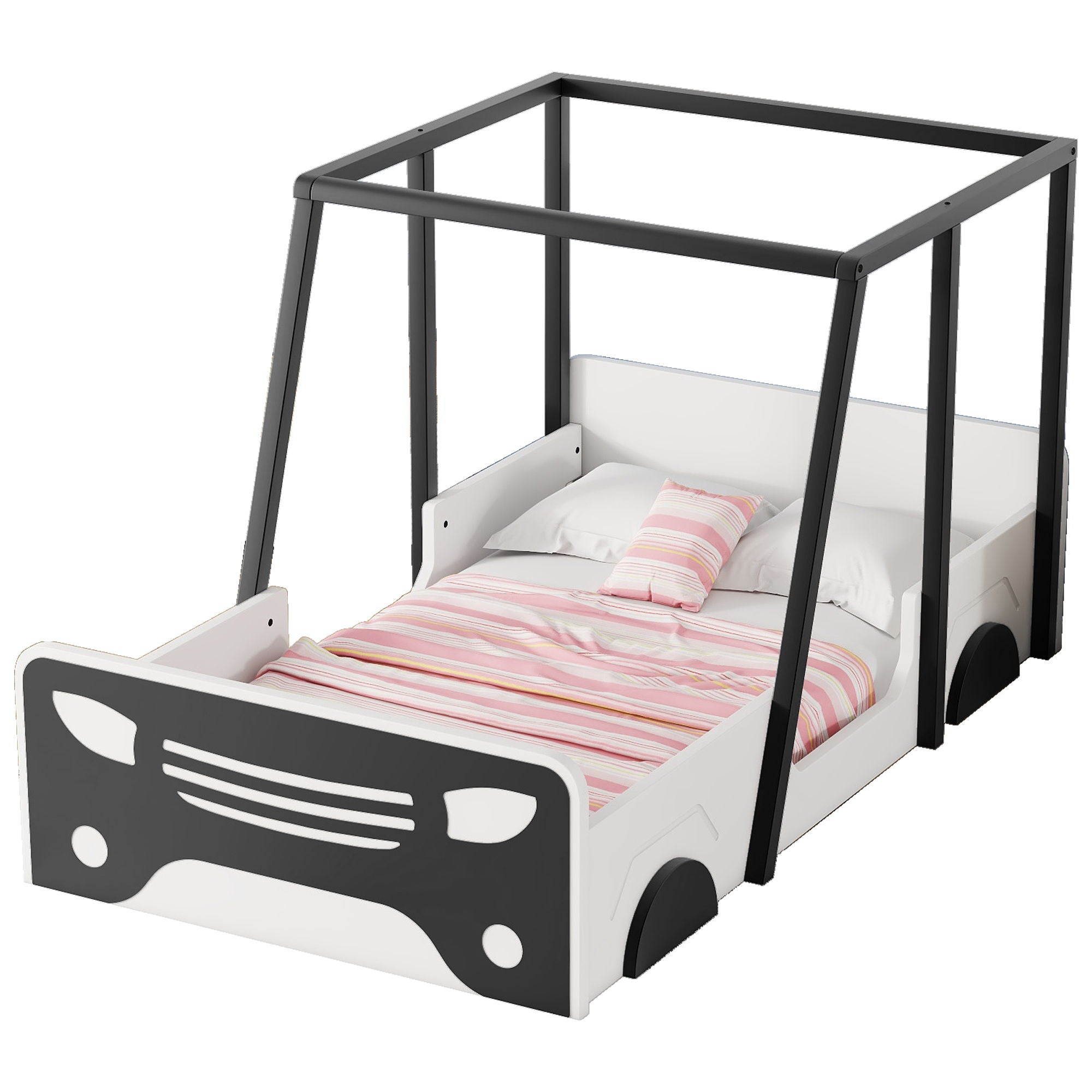 Twin Size Car-Shaped Bed With Roof, Wooden Twin Floor Bed With Wheels And Door Design, Montessori Inspired Bedroom