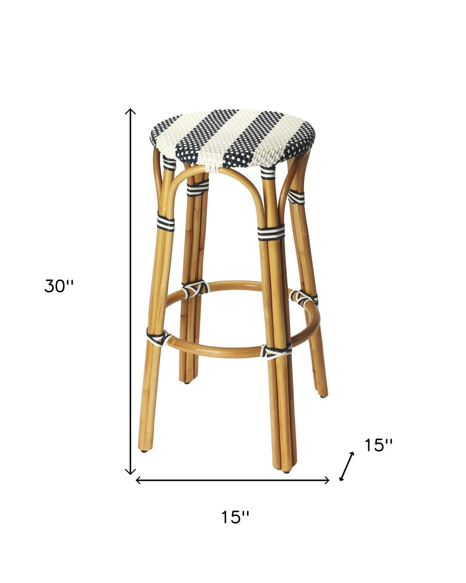 Natural Rattan Backless Bar Height Bar Chair - Blue / White