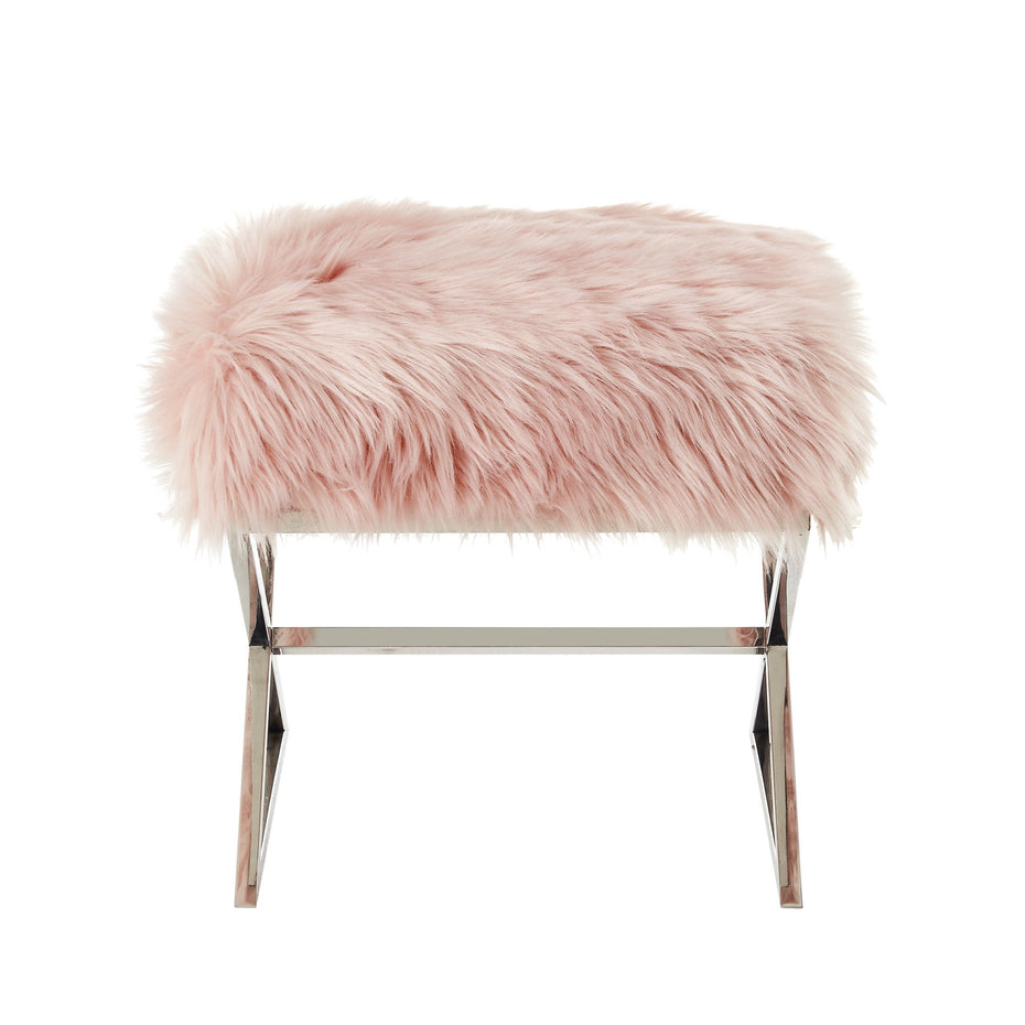 Faux Fur Ottoman - Rose / Silver