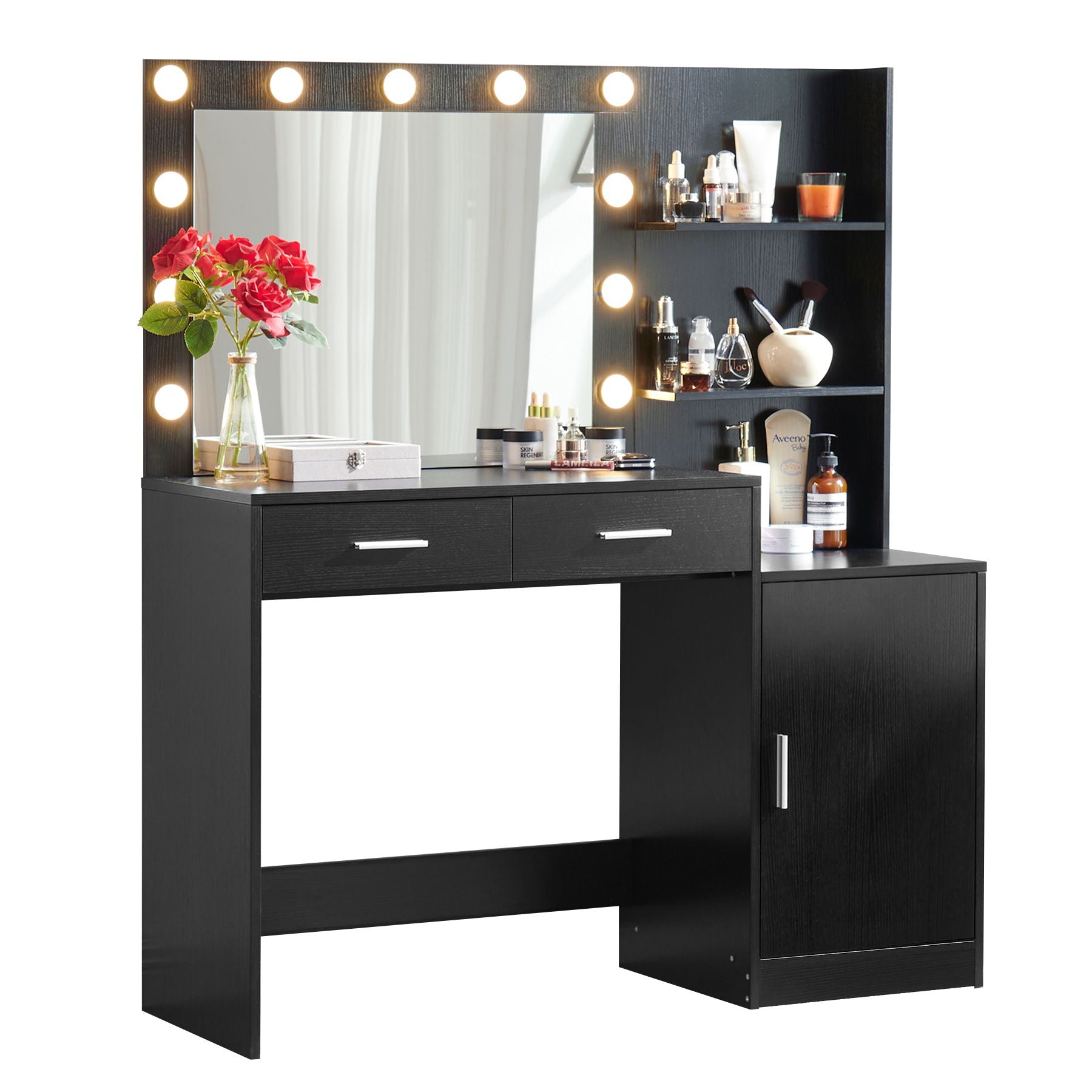 Vanity Desk With Mirror And Lights, 46.4In Dressing Table With 2 Large Drawer & Large Vertical Organizer, 3 Level Dresser & 3 Lighting Modes Adjustable Brightness, Suitable For Bedroom