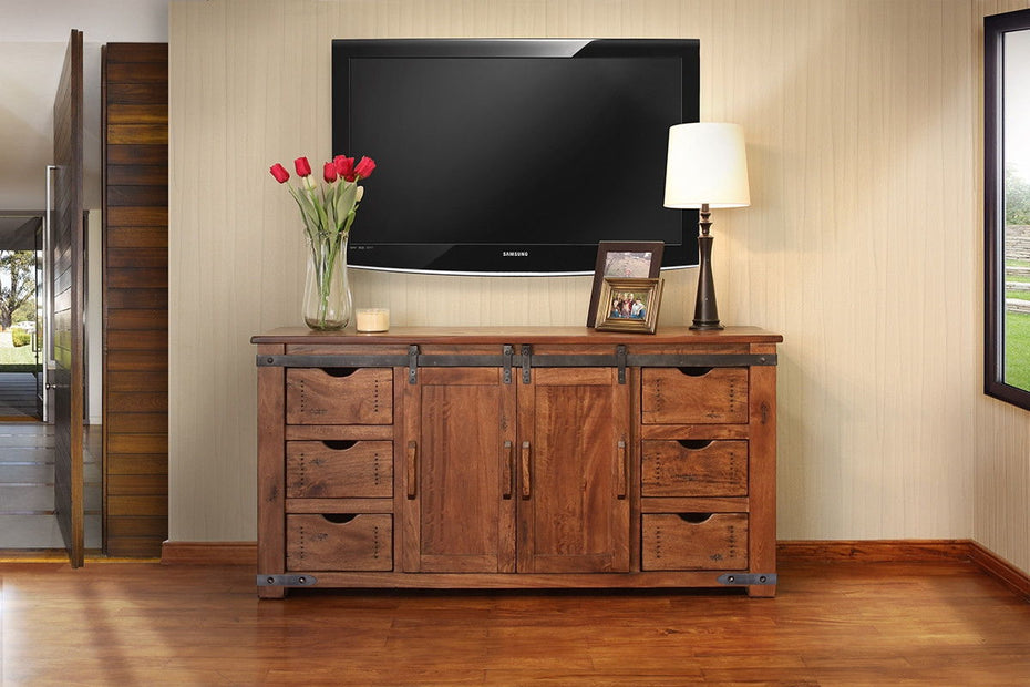 Solid Enclosed Storage Distressed TV Stand - Brown