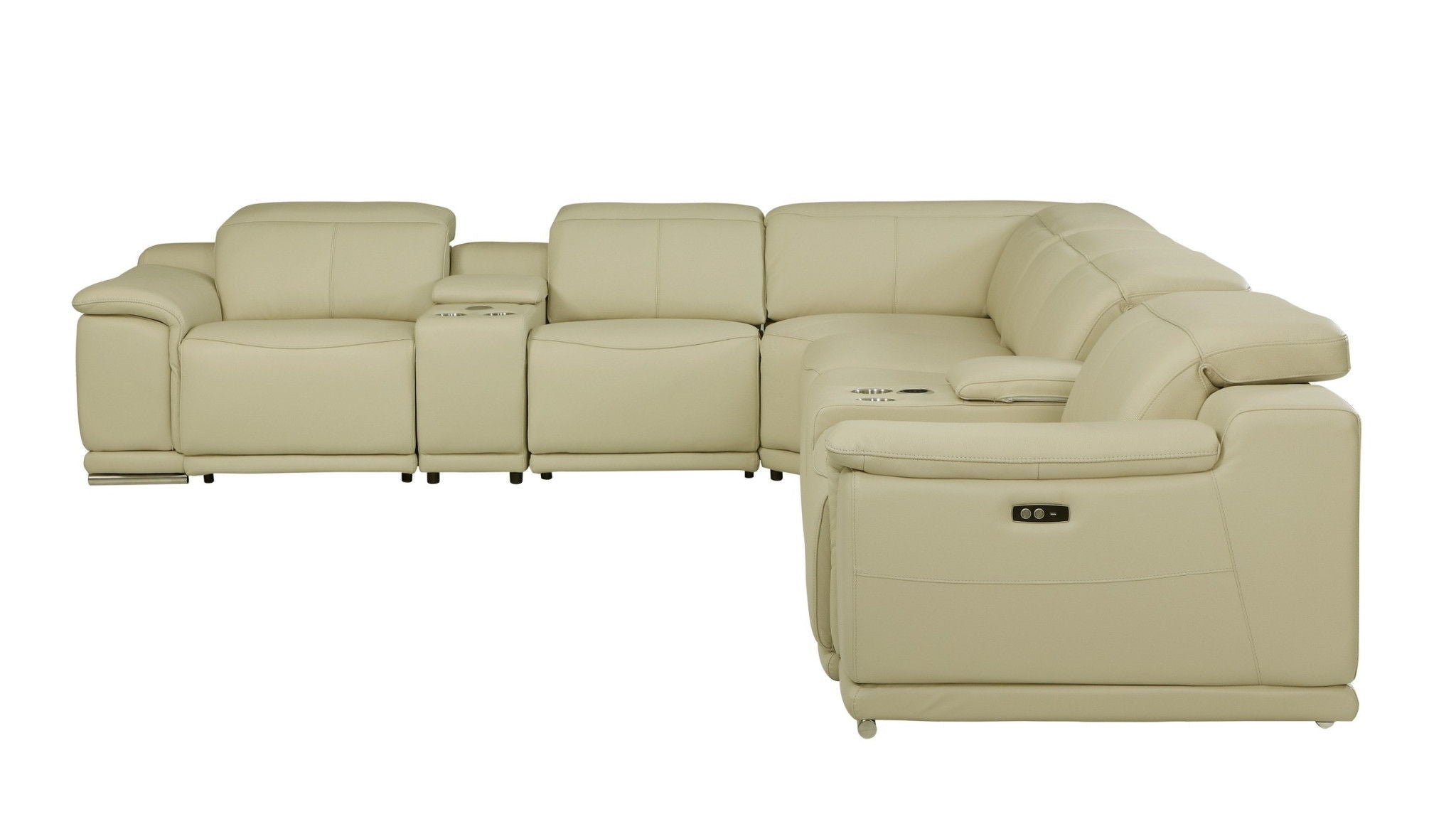 Italian Leather Power Reclining U Shaped, Eight Piece Corner Sectional With Console - Beige