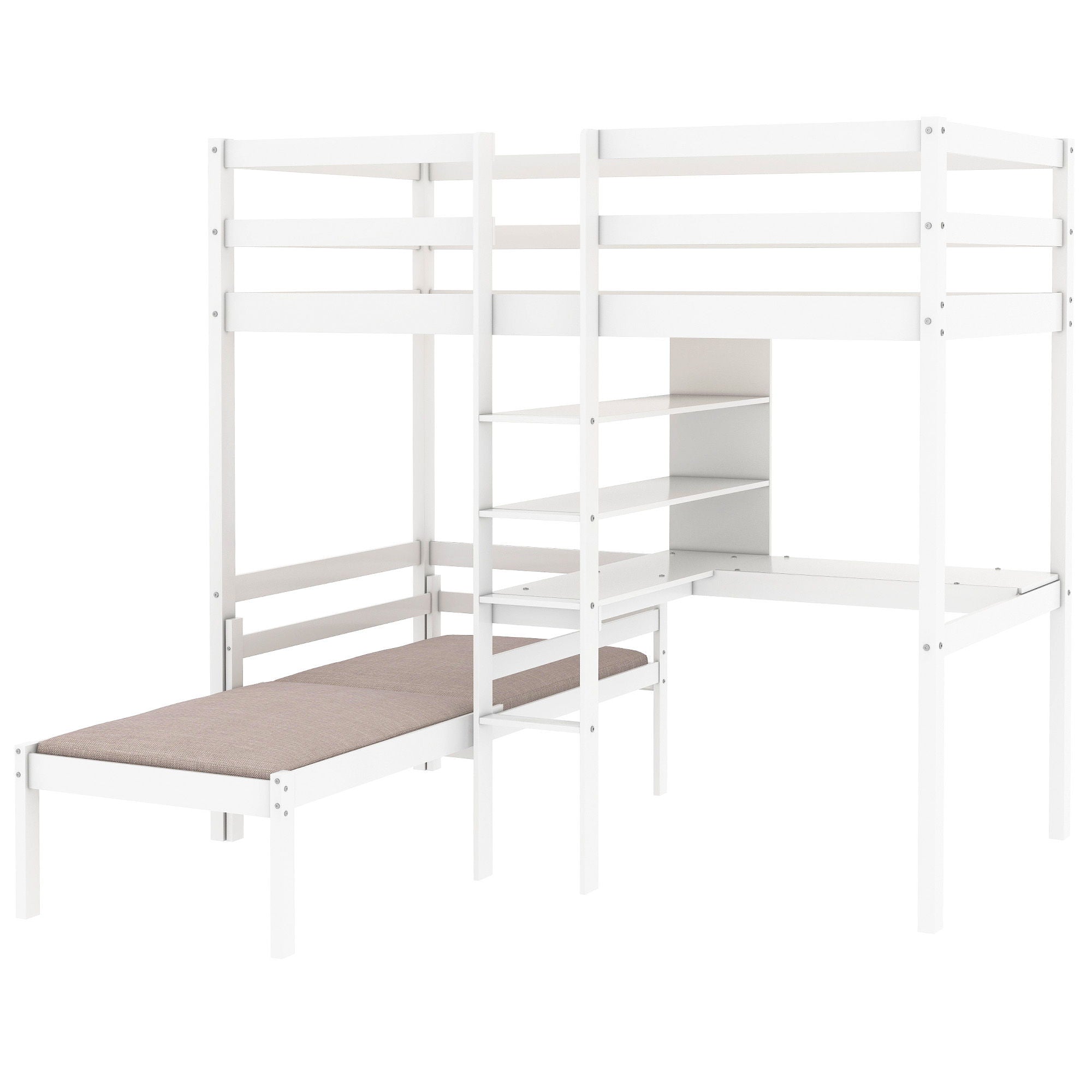 Convertible Loft Bed With L-Shape Desk, Twin Bunk Bed With Shelves And Ladder - White