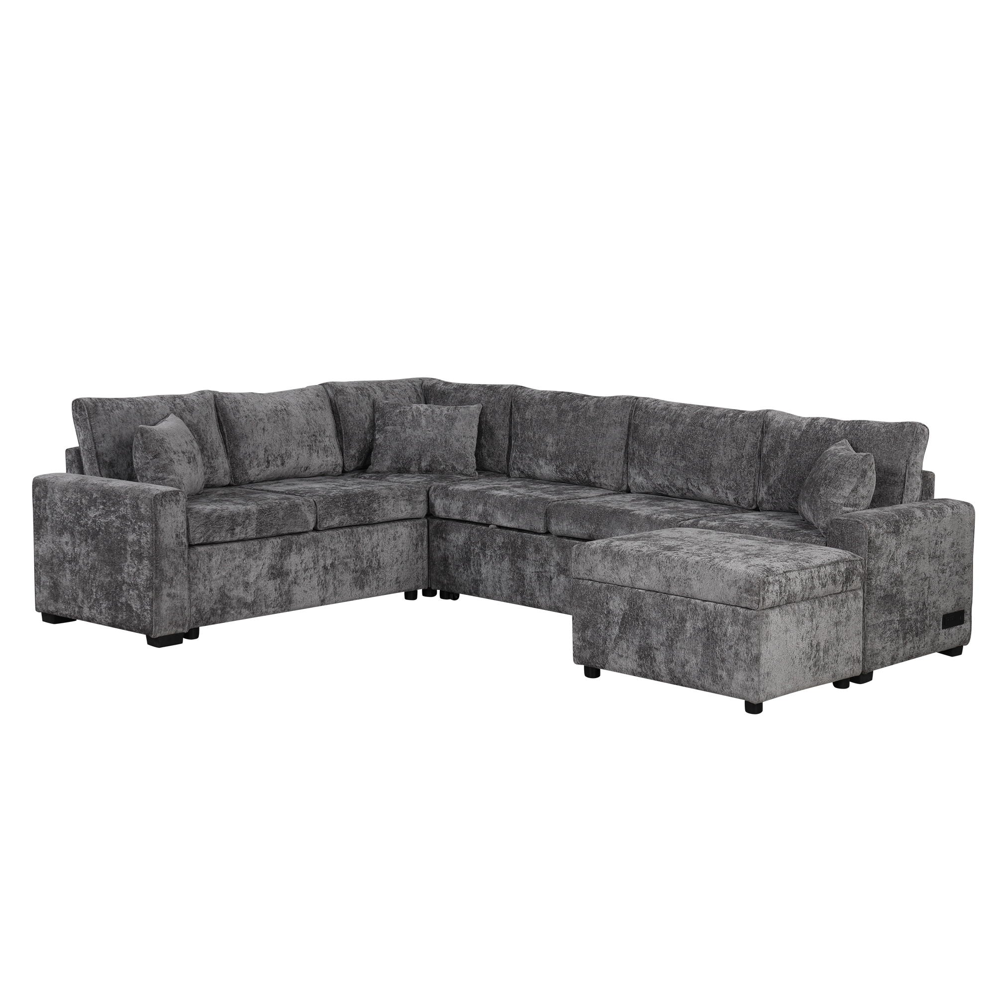 Sectional Sofa Pull-Out Sofa Bed Sleeper With A Storage Ottoman, Three Pillows And Charging Devices For Living Room