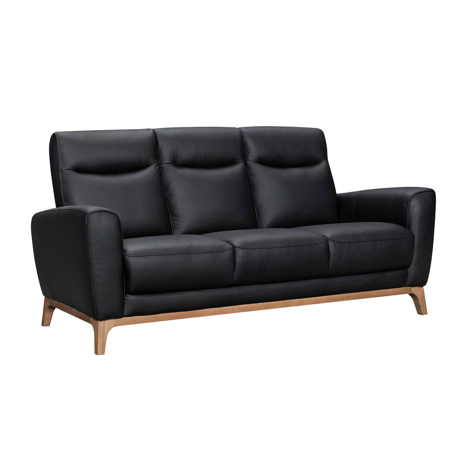 Leather Sofa With Brown Legs - Black