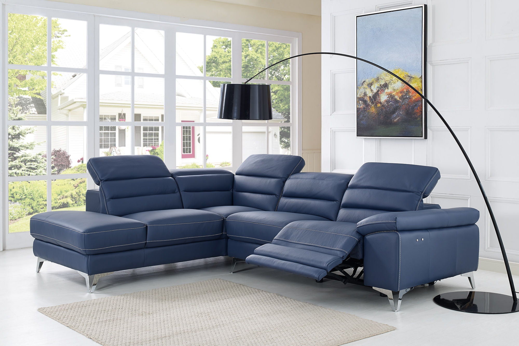 Top Grain Leather Reclining L Shaped Two Piece Sofa And Chaise Sectional - Navy Blue