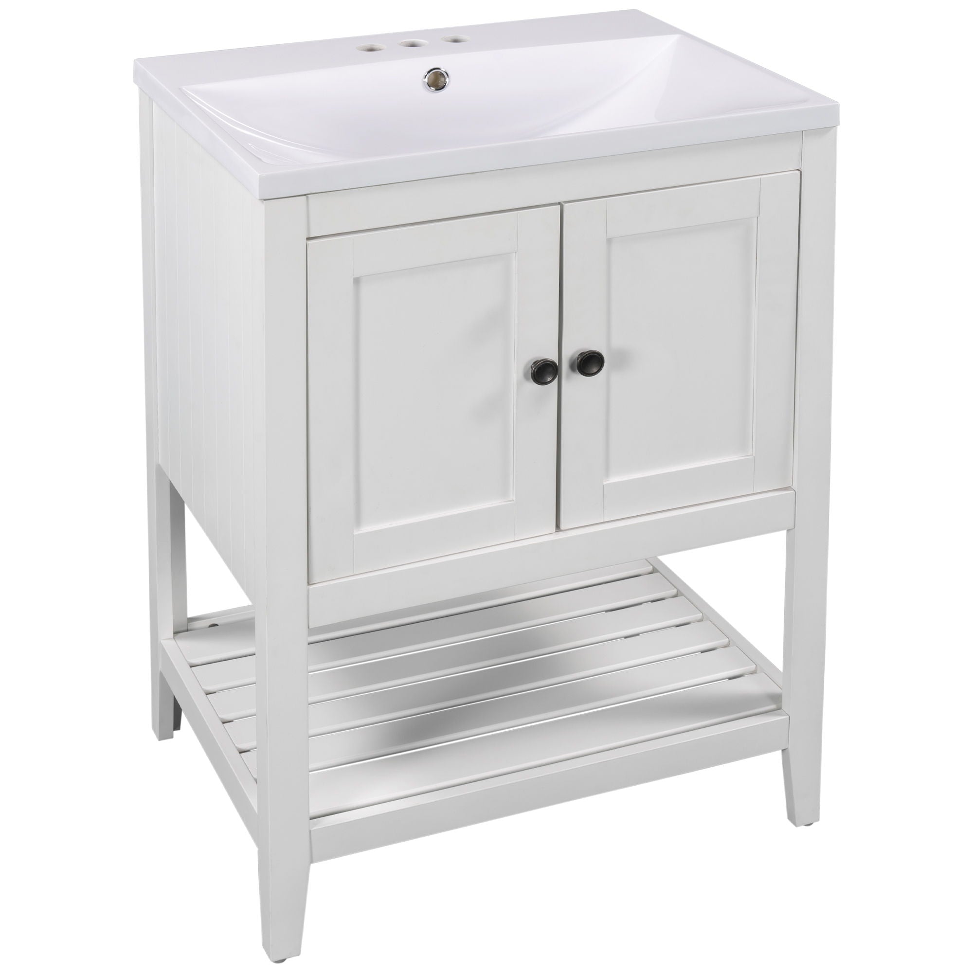 Modern Sleek Bathroom Vanity Elegant Ceramic Sink With Solid Wood Frame Open Style Shelf - White