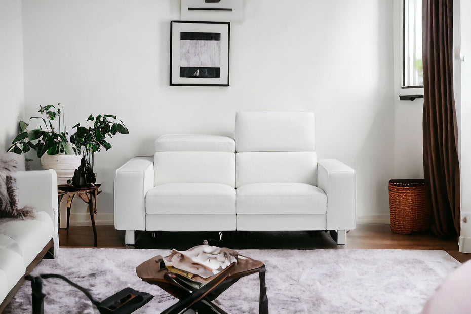 Top Grain Leather Manual Reclining Love Seat - White / Silver