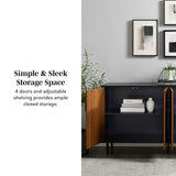 Mid-Century Modern Faux Bookmatch Door Buffet - Acorn / Solid Black by Walker Edison | Bel Furniture