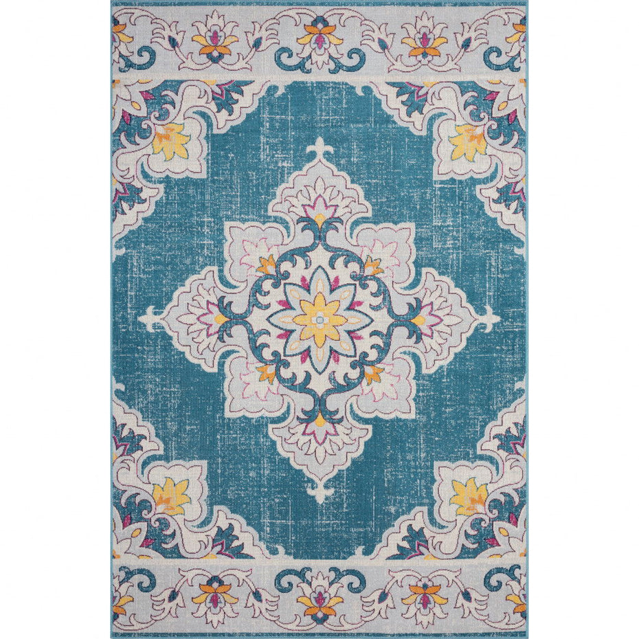 5' X 8' Floral Stain Resistant Indoor & Outdoor Area Rug - Ivory / Blue