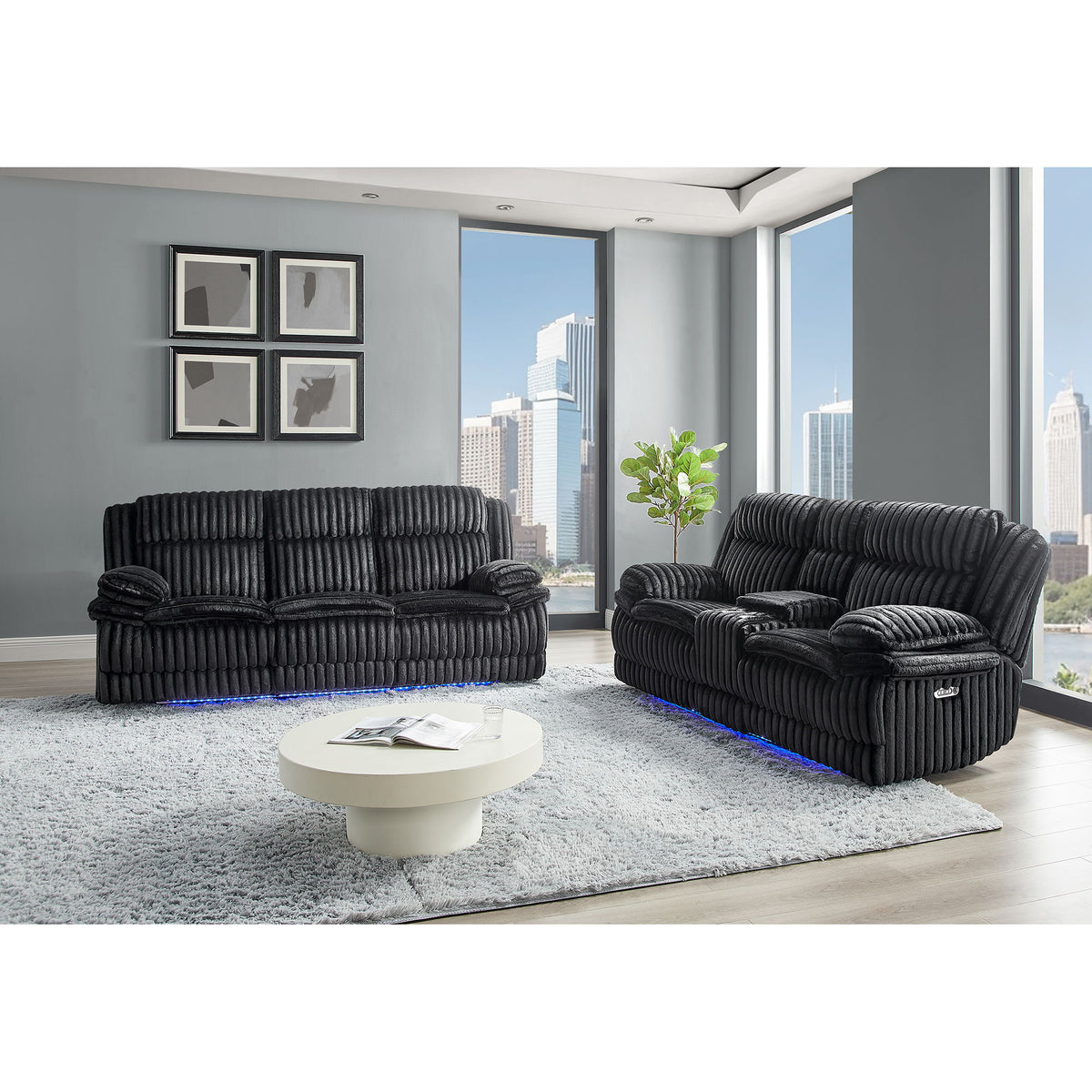 Winston - Power Reclining Sofa With LED Lighting, Hidden Drawer, And Drop Down Table - Black