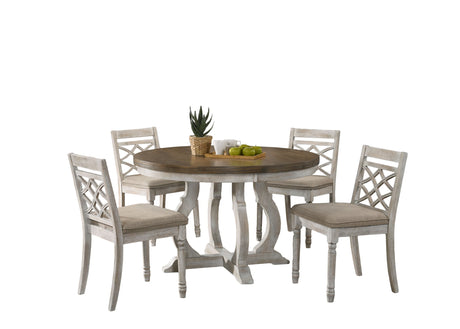 Havanna - 5 Piece Wide Round Dining Table With Off White Chairs (Set of 5) - Vintage Walnut