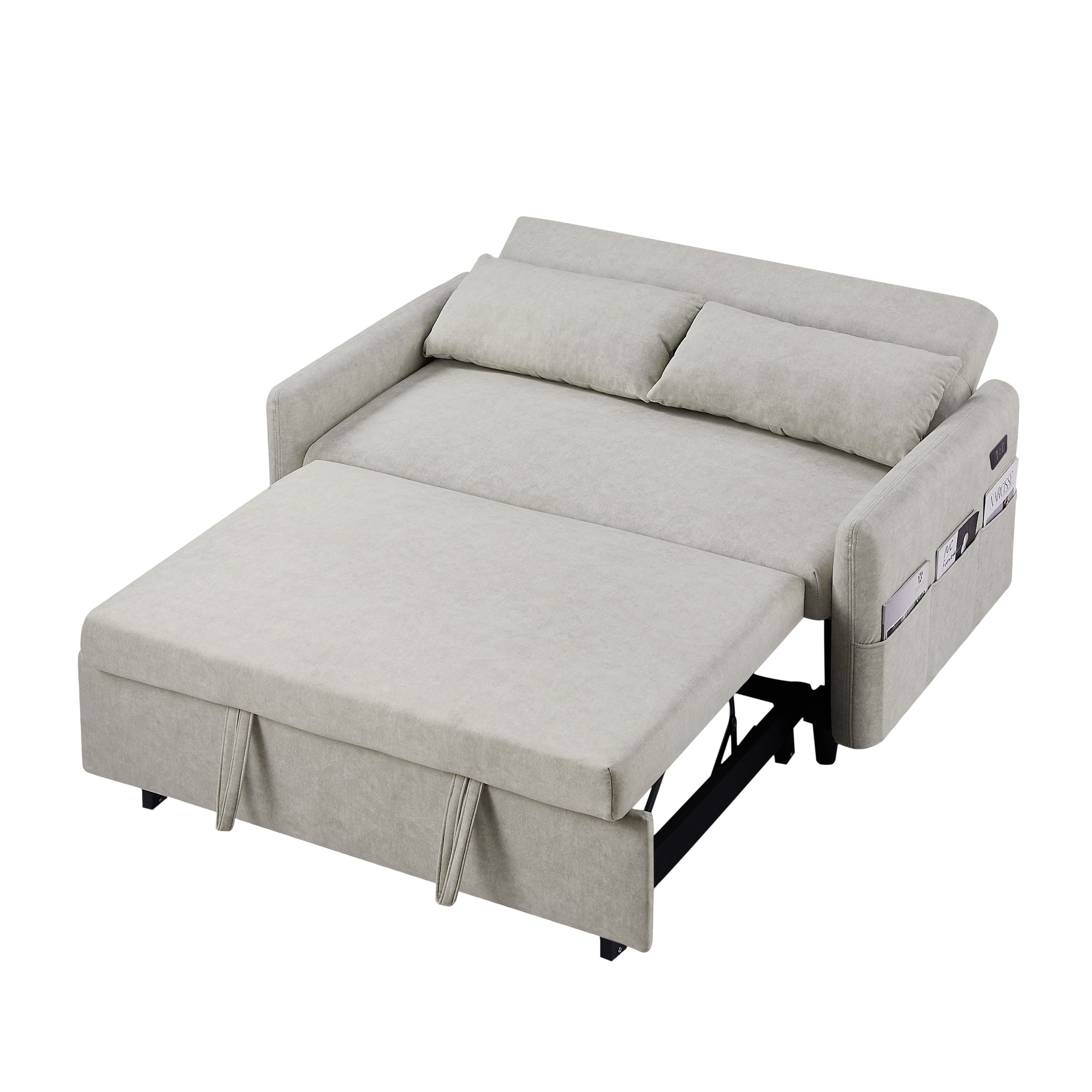 Pull Out Sleep Sofa Bed Loveseats Sofa Couch With Adjsutable Backrest, Storage Pockets, 2 Soft Pillows, USB Ports For Living Room