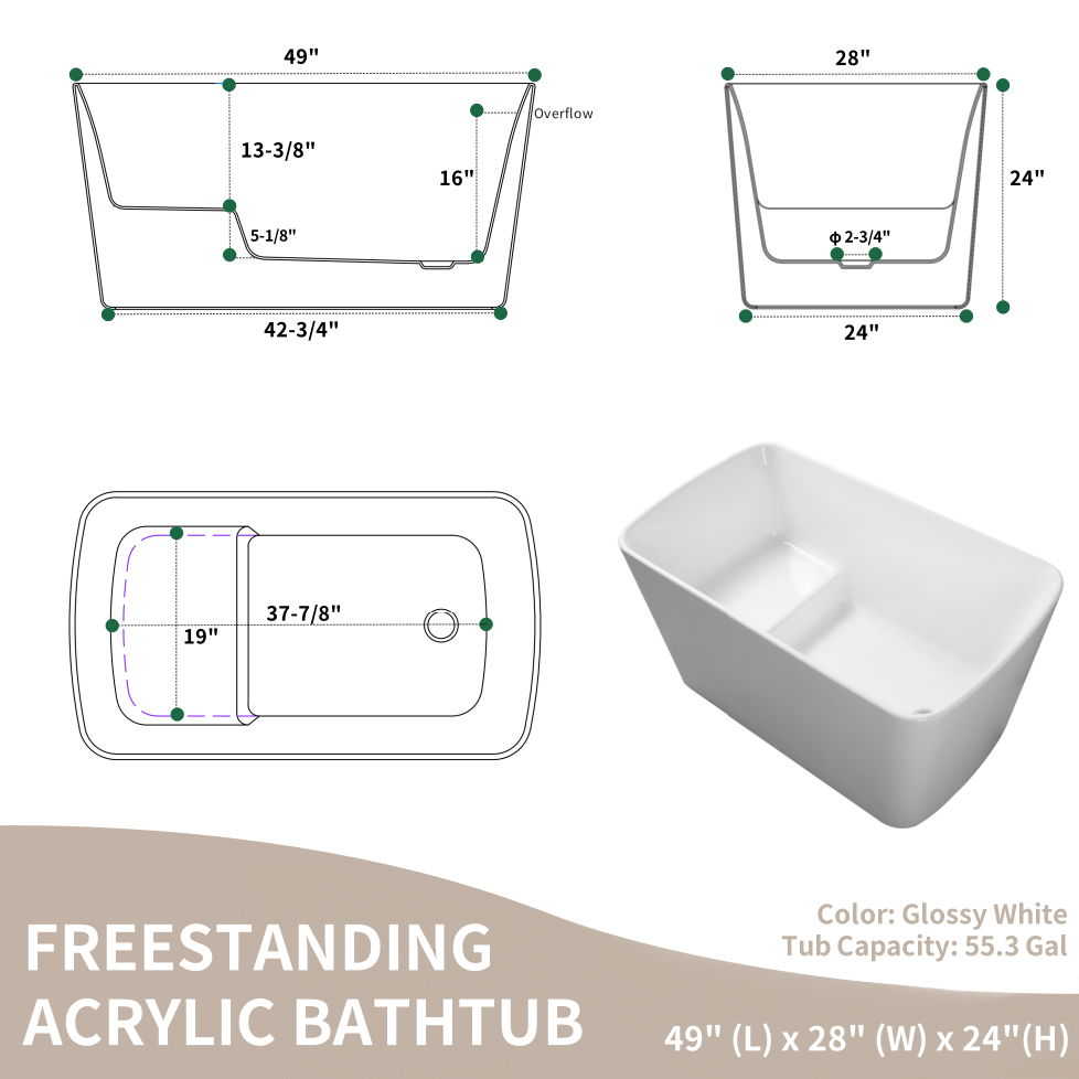 49'' Acrylic Freestanding Soaking Bathtub, Square-Shape Japanese Soaking Hot Tub, Sit-In Design With Chrome Overflow And Drain For Express Delivery 23Amazing-49 (W1920P179228) - Glossy White