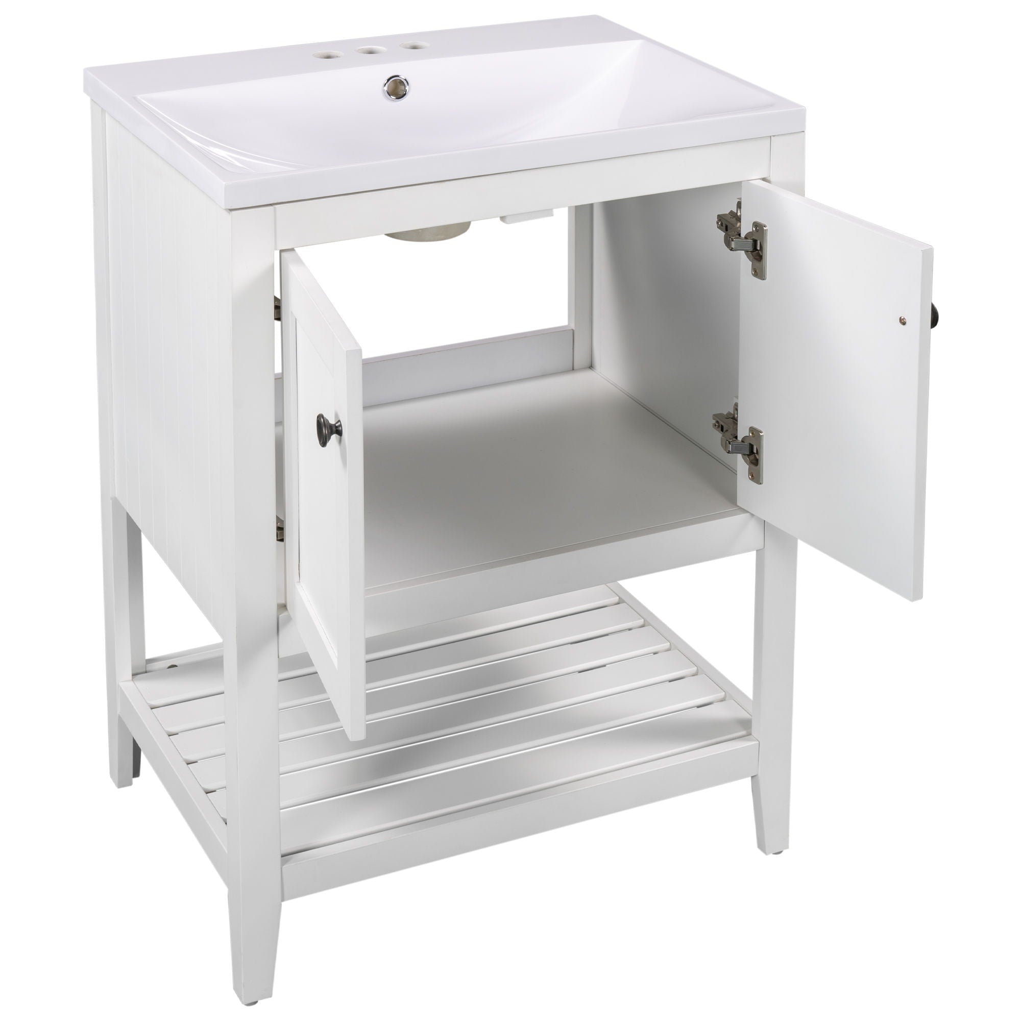 Modern Sleek Bathroom Vanity Elegant Ceramic Sink With Solid Wood Frame Open Style Shelf - White