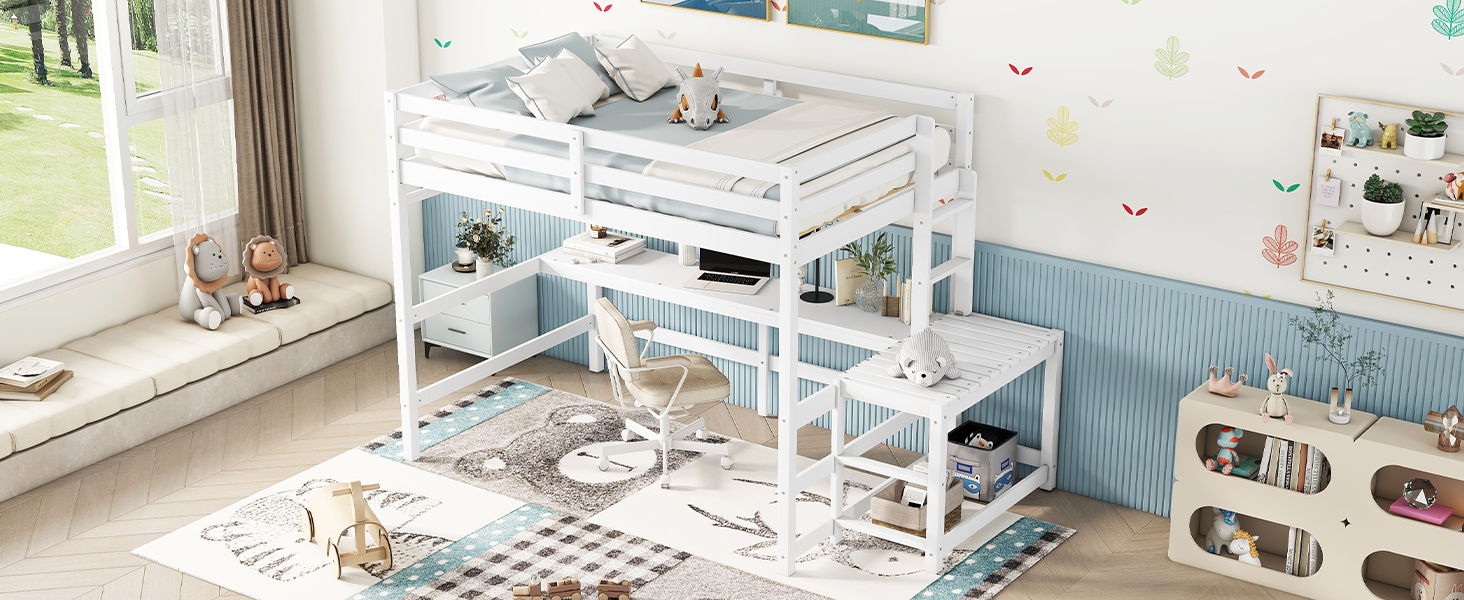 Loft Bed With Built-In Desk, Ladder Platform, Ladders, Guardrails