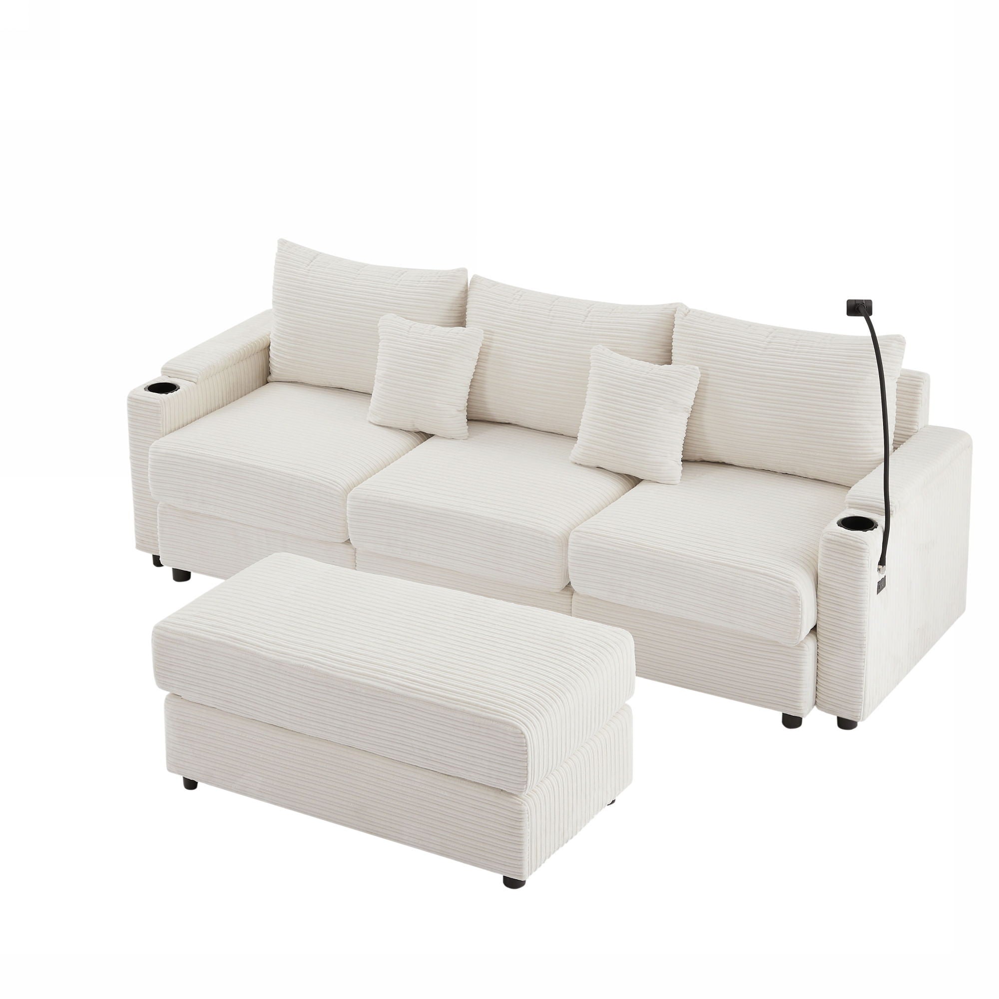 Modern Style Loveseat Sofa Sectional Sofa Couch With Storage Space, A Movable Ottoman, Two USB Ports, Two Cup Holders, A Phone Holder For Living Room