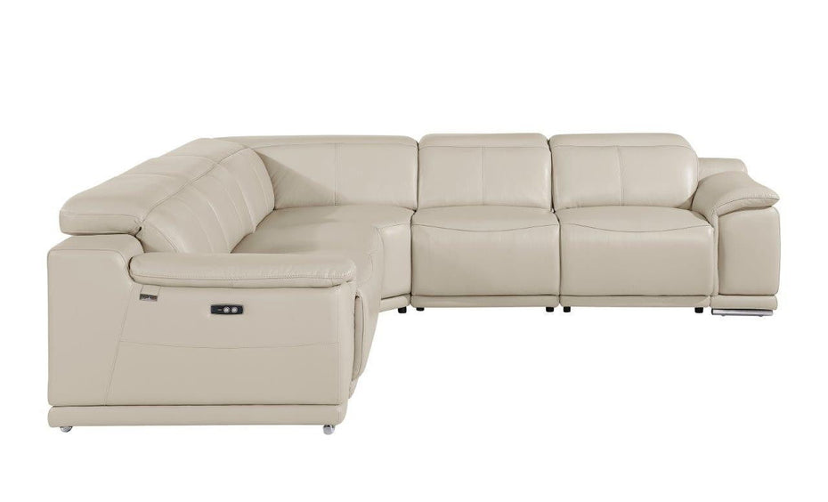 Italian Leather Power Reclining U Shaped Five Piece Corner Sectional With Console - Beige