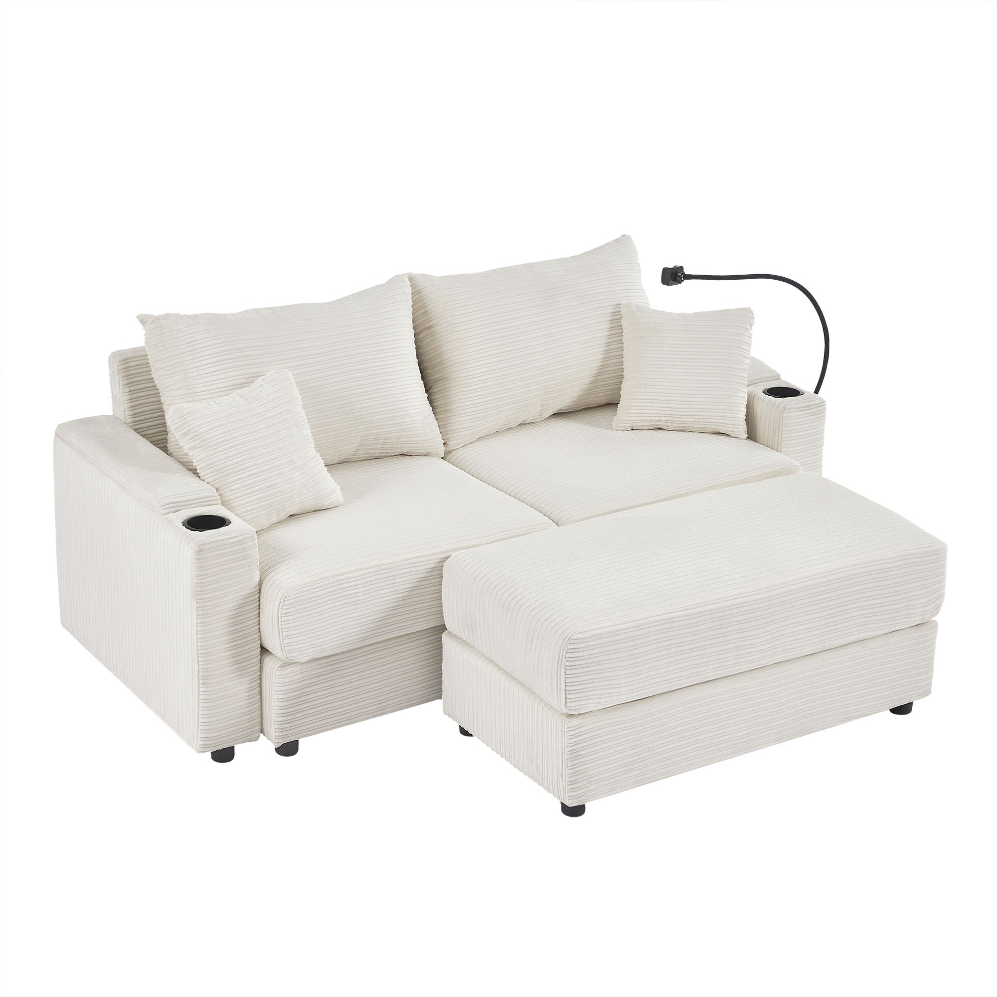 Modern Style Loveseat Sofa Sectional Sofa Couch With Storage Space, A Movable Ottoman, Two USB Ports, Two Cup Holders, A Phone Holder For Living Room